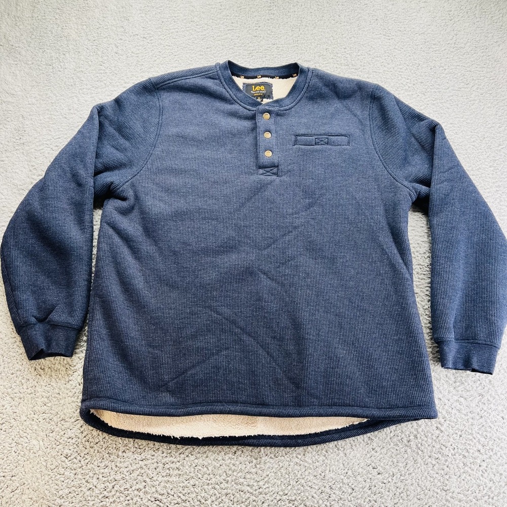 Lee Sherpa Lined Henley Sweatshirt‎ Mens XL Blue Waffle Knit Premium Select